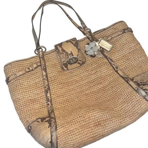 Coach Straw and Python Embossed Leather Trim Natural Large Tote 16838 - Picture 1 of 15